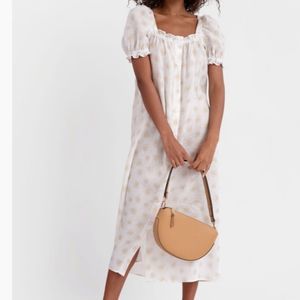 Sleeper ‘Brigitte’ Linen Midi Dress in White w/ Yellow Daisies 🌼🌼🌼